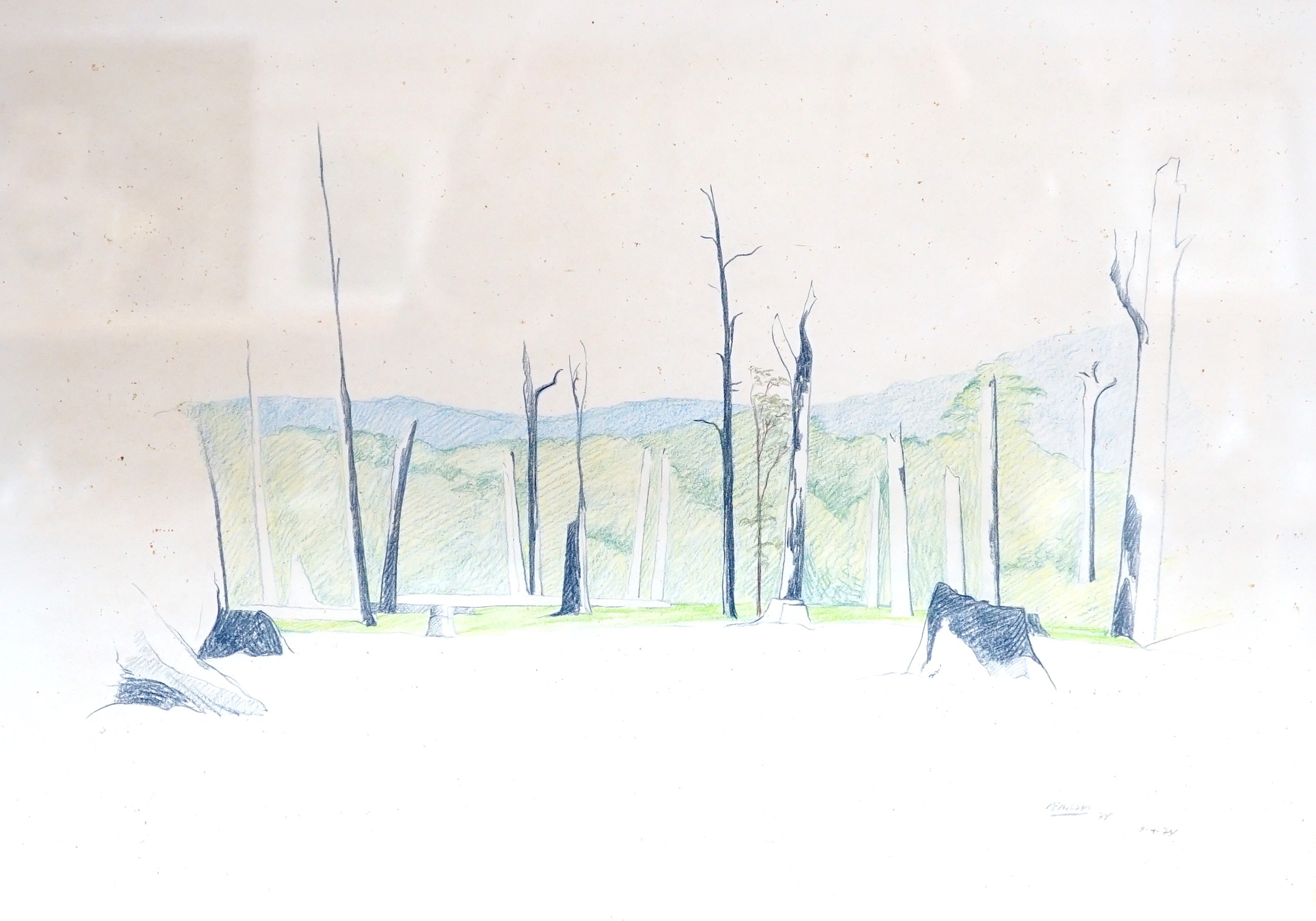 Kevin Pearsh (born 1951), pair of coloured conté crayon drawings, Australian landscapes, signed and dated '78, 30 x 41cm